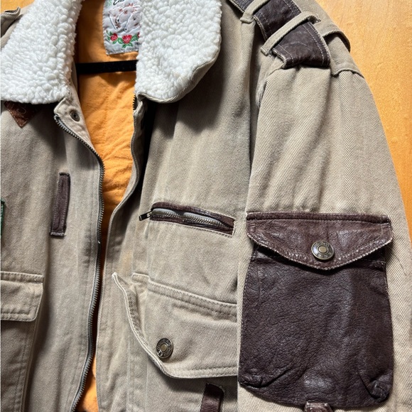 Men's Beige and Brown Bomber Jacket with Shearling Collar - Picture 3 of 5